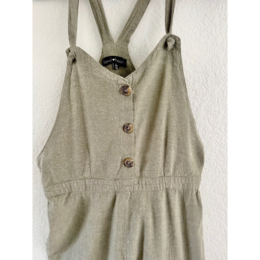Derek Heart Jumpsuit Women Large Sage Green Linen Blend Button Front Overalls - Picture 2 of 5